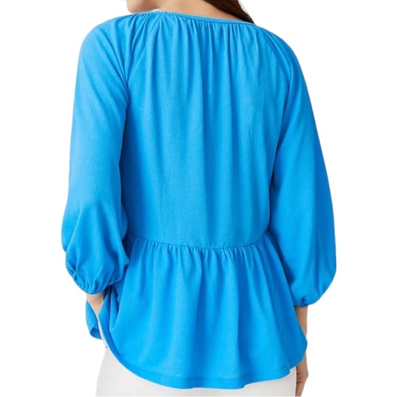 Ann Taylor NWT Vivid Sky Blue 3/4 Raglan Puffy Sleeve Blouson Peplum Top - Picture 4 of 12
